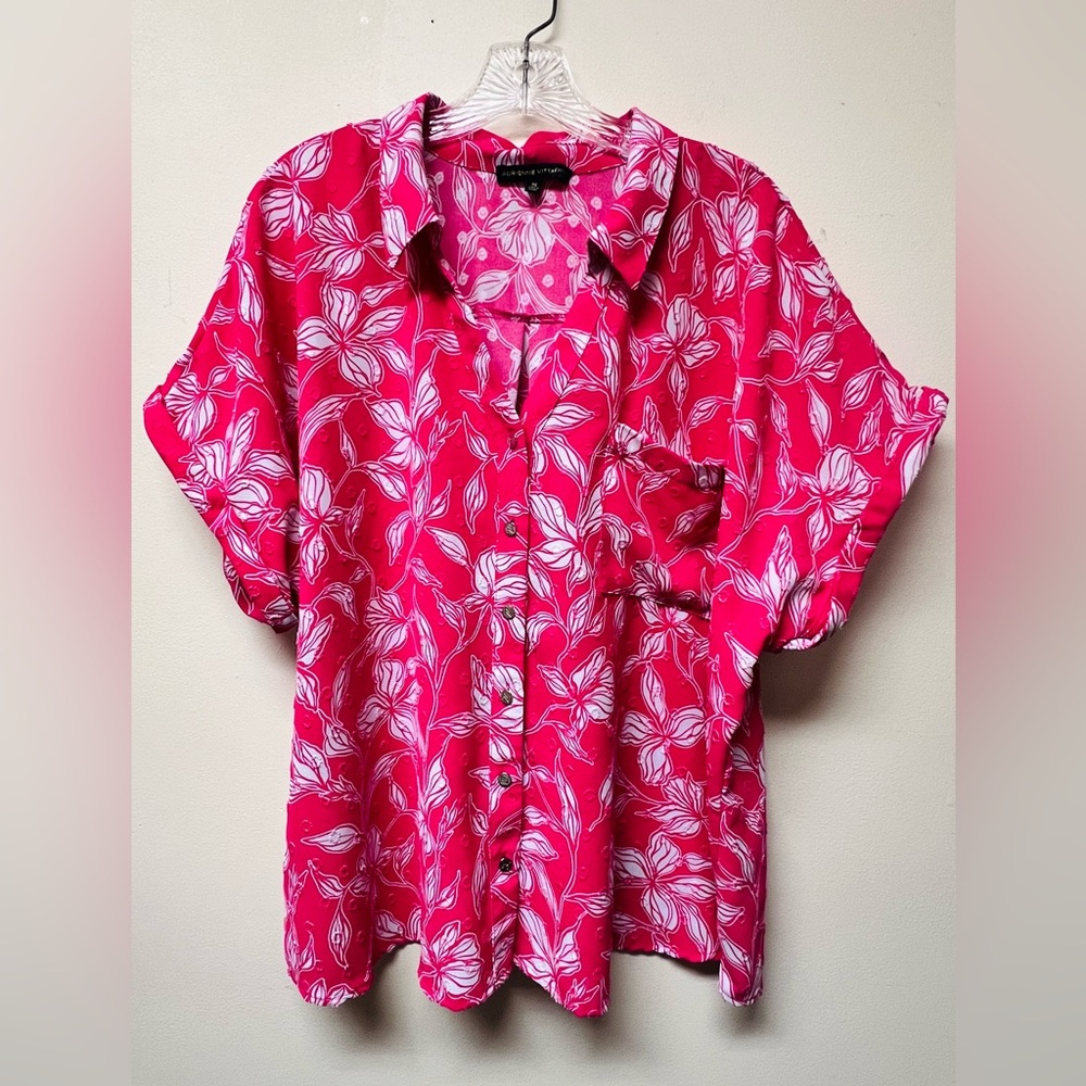 Adrianne Vittadini Pink Floral Beachy Button Down Blouse V-neck Women’s Size 2X